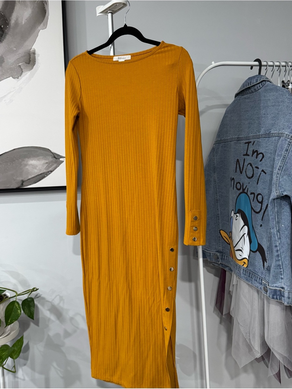 Long Sleeve Ribbed Midi Dress in Mustard size S